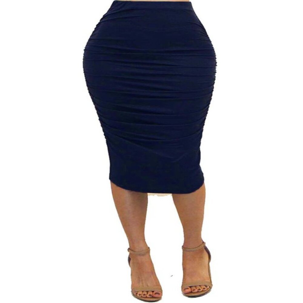 Got Style Navy Ruched Frill High Waist Pencil Skirt